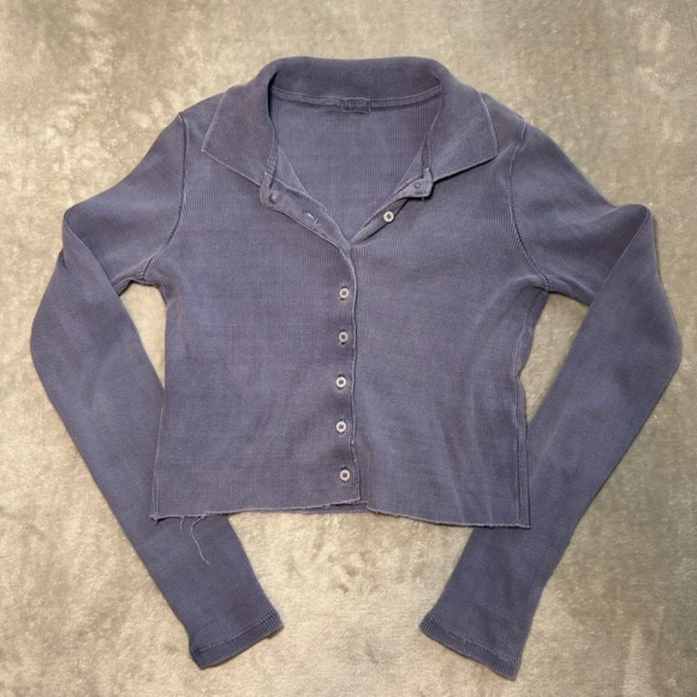 Brandy Melville Ribbed Crop Top One Size Blue Button Front Collared Y2K Baby Tee